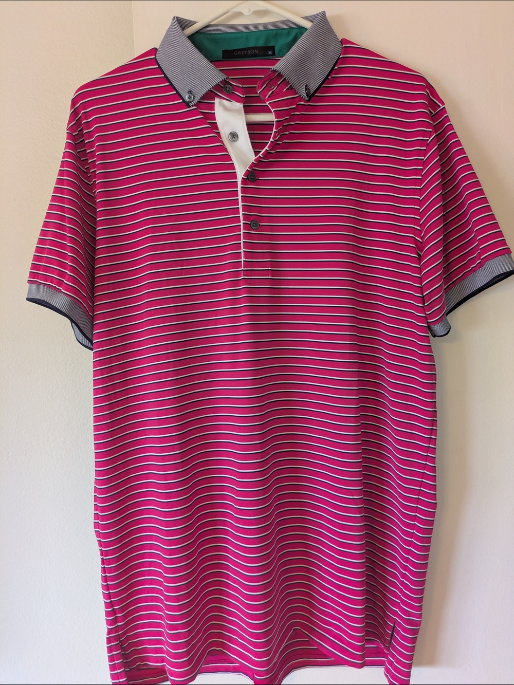 Greyson Men's Fuchsia Striped Polo with Contrast Collar- M (NWOT)